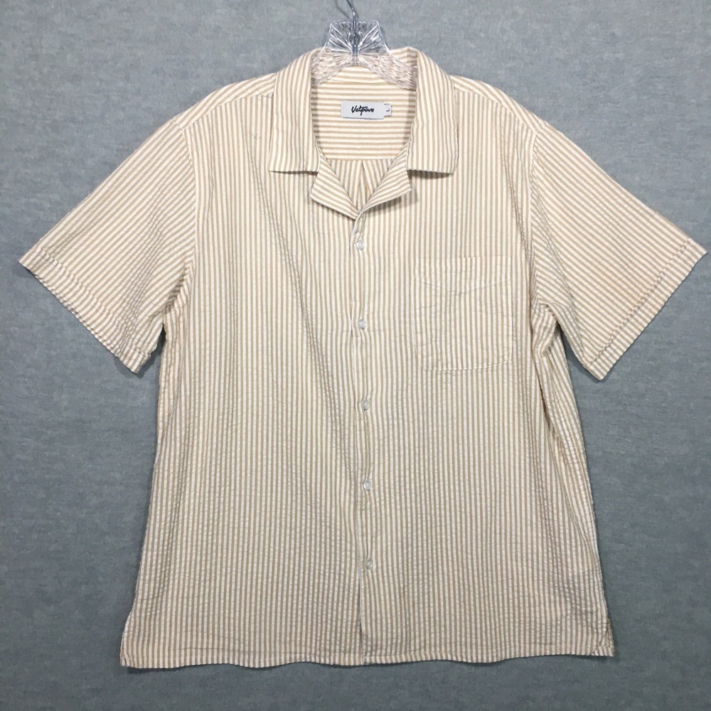 Vatpave L Mens Seersucker Button Up Shirt Beige Striped Short Sleeve